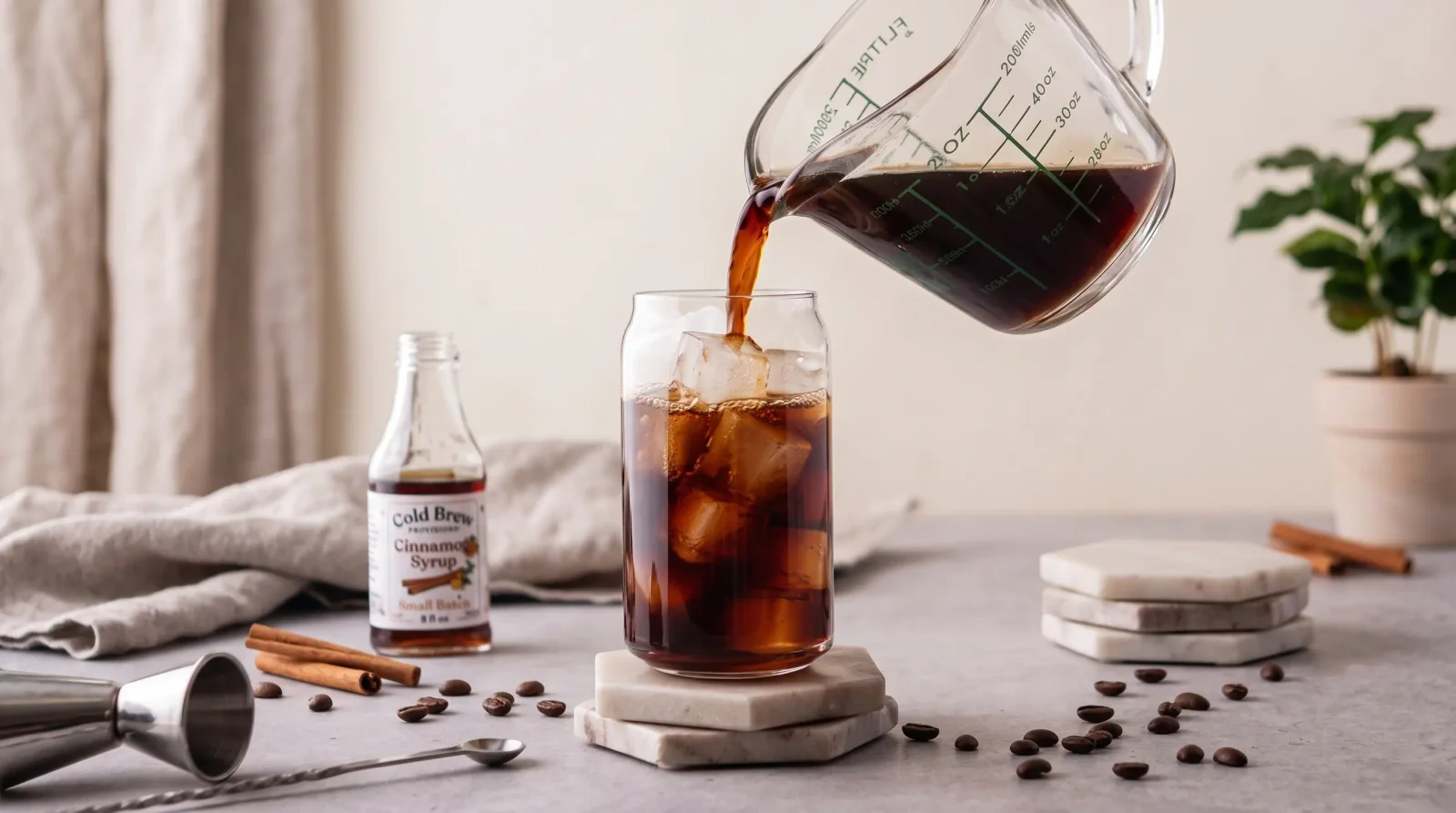 Amber cold brew over clear ice in a rocks glass, condensation beads.