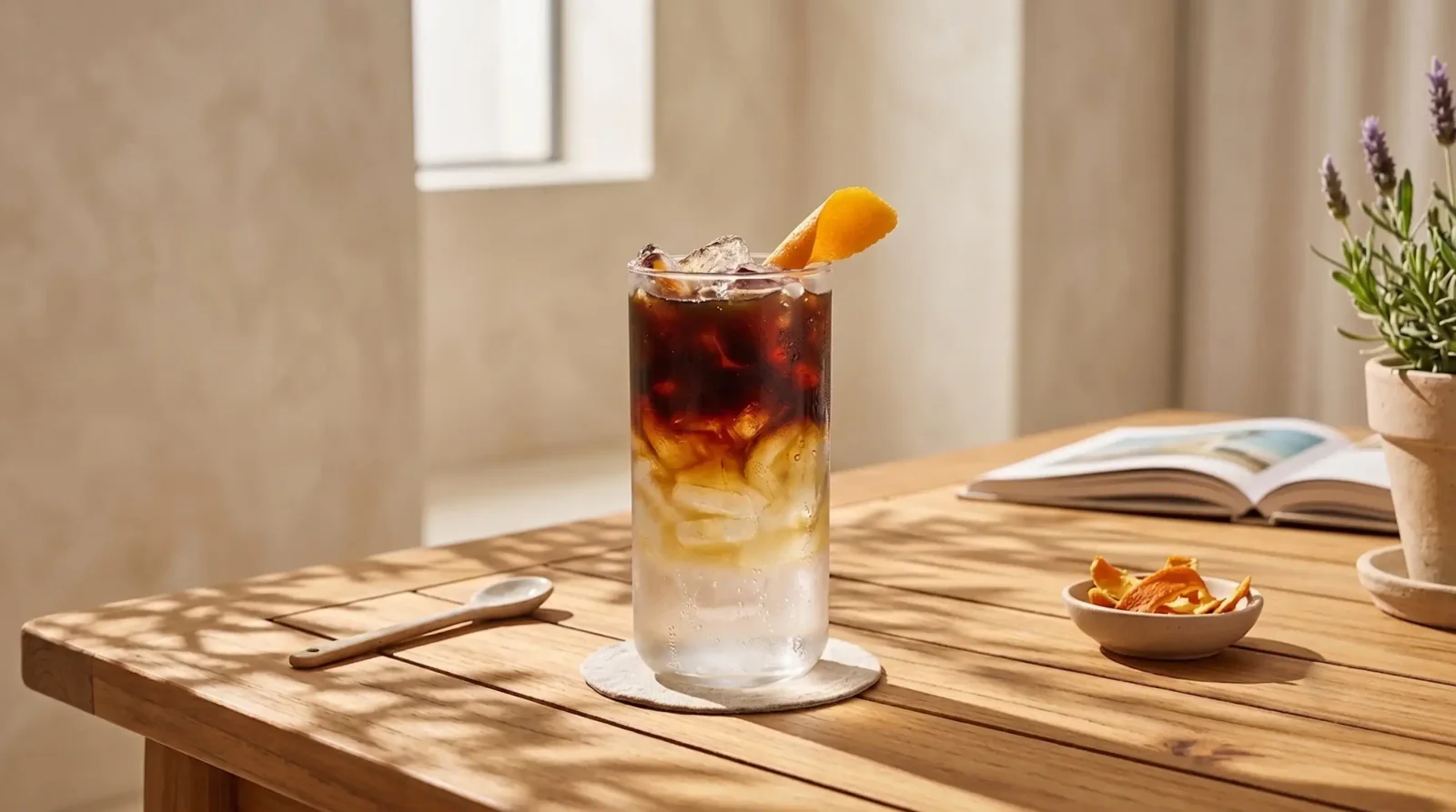 Highball backlit at golden hour, tonic fizz haloing dark cold brew.