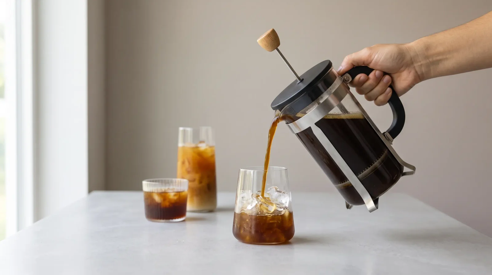 Tall glass packed with ice, dark brew cascading in, hard shadow play.