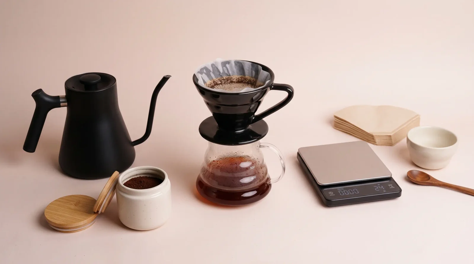 Overhead: V60 mid-pour on a wooden bench, steam curling in morning side-light.